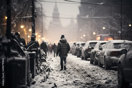 People walking in the city during cold winter time.