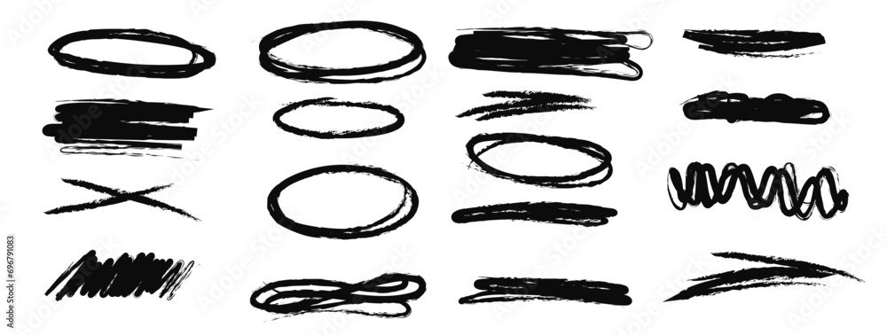 Grunge scrawls, charcoal scribbles, rough brush strokes, underlines and circles. Bold charcoal freehand stripes and ink shapes. Crayon or marker scribbles. Vector illustration