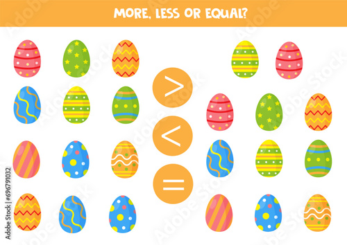 Grater, less or equal with cartoon colorful Easter eggs.