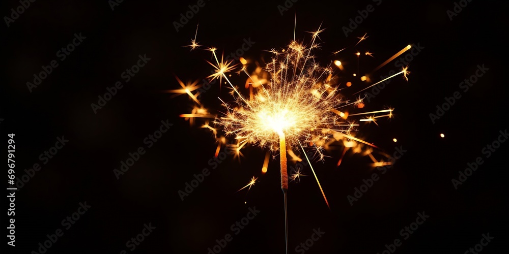 Burning Christmas sparkler isolated on black background. Bengal fire. : Generative AI