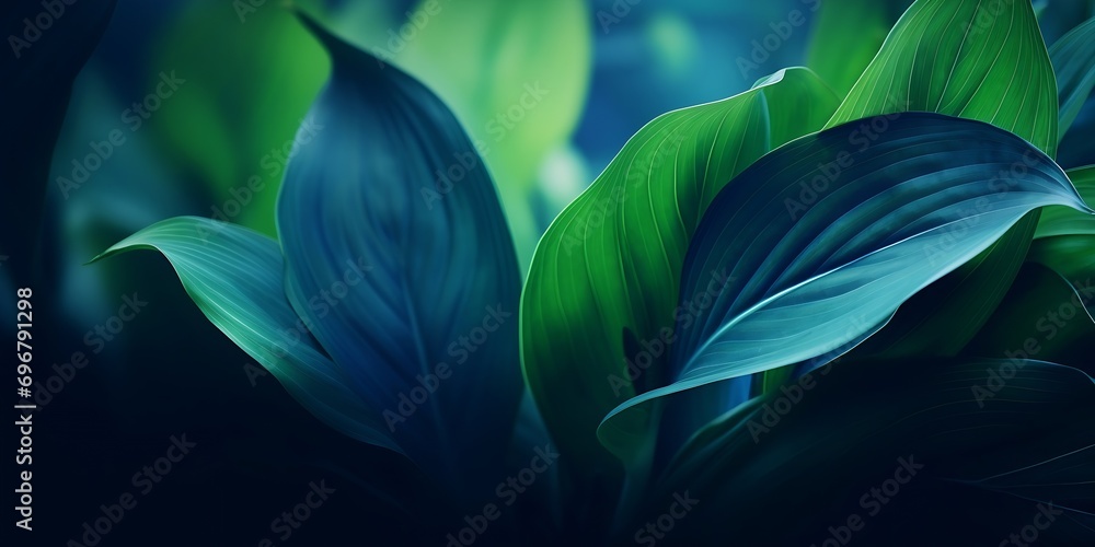 Close-up detail macro texture bright blue green leave tropical forest plant spathiphyllum cannifolium in dark nature background.Curve leaf floral botanical abstract desktop wallpaper,w : Generative AI - obrazy, fototapety, plakaty 