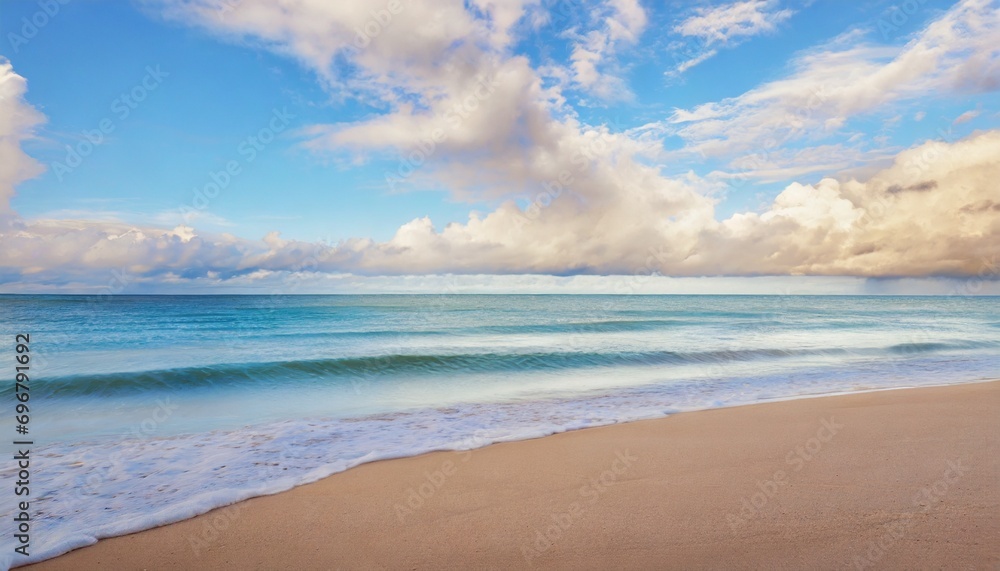 beach nature closeup sea waves sandy coast and colorful dreamlike sky clouds relaxing panoramic empty beach landscape copy space peaceful tranquil calm background horizon beautiful natural scene