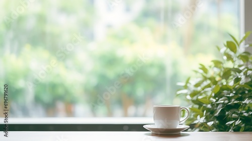 Blur or defocus white color coffee shop cafe or restaurant modern and minimal style interior with nature green tree out side. In the shop have a customer or people in side. use for bac : Generative AI © Generative AI