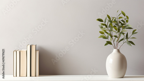 Vase book and pot on a shelf plant in a vase. white wall