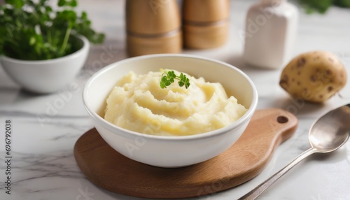 Vászonkép creamy mashed potatoes in white bowl in white kitchen healthy food generative ai