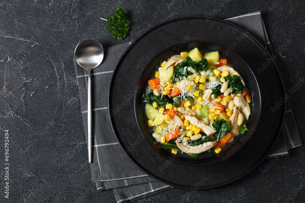 Chicken and white bean soup with veggies, corn Chicken and white bean soup with veggies, corn