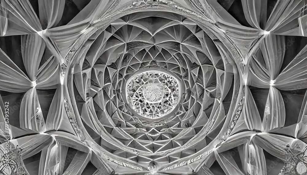 the arches a digital abstract fractal work with a geometric circular design in black and white