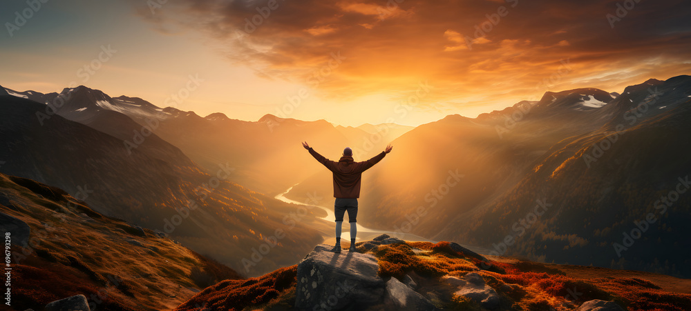 Man with arms up celebrating on top of the mountains - Hiker enjoying freedom on a hill at sunset - Freedom, sport, success and mental health concept - obrazy, fototapety, plakaty 