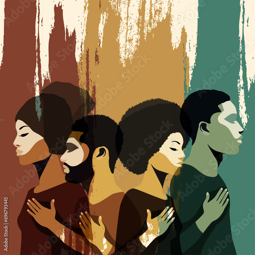 Profile silhouettes people African and African American. Ethnic group black men and women. Black history month event. Racial equality - justice - identity - anti-racism - inclusion. Poster
