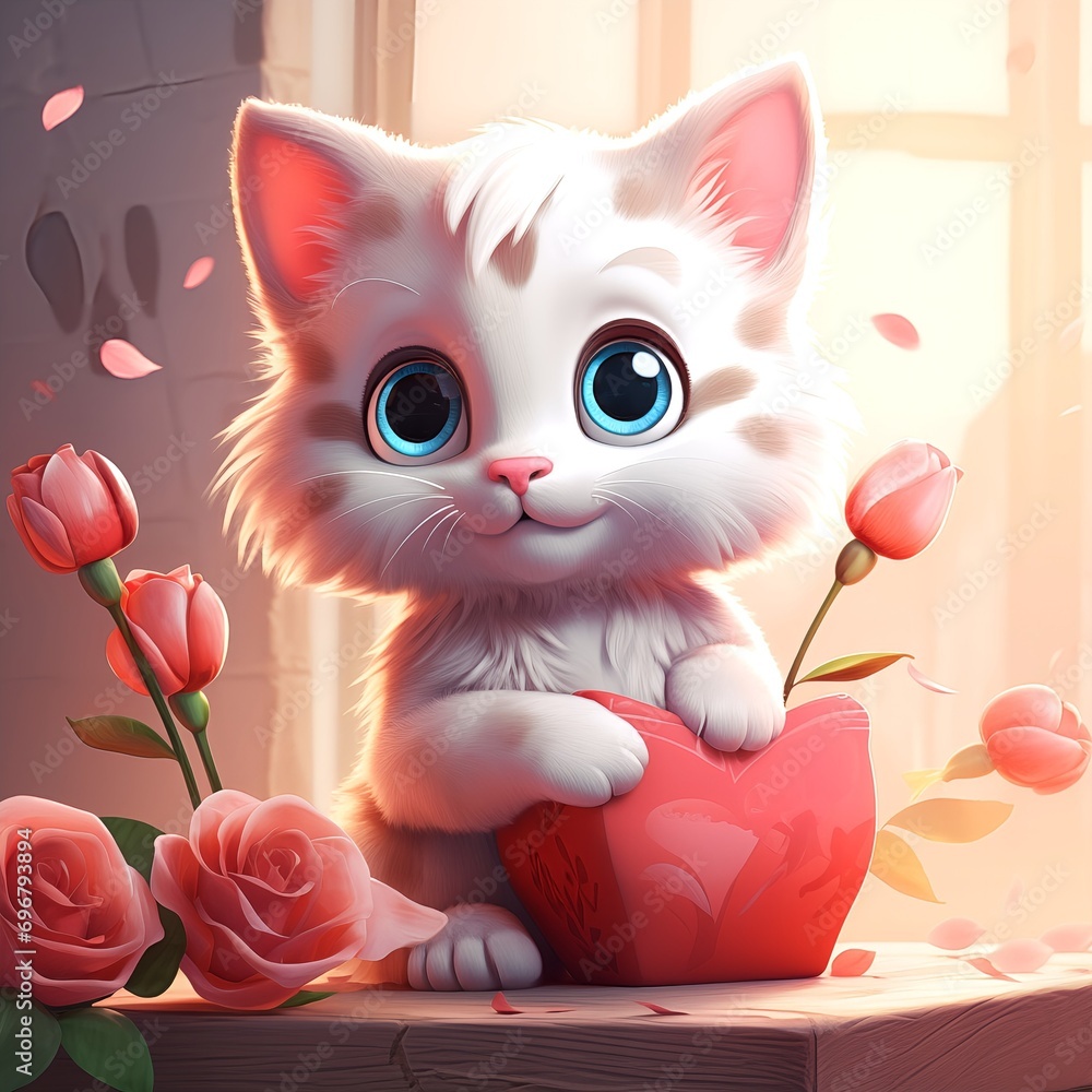 Cute white kitten cat cartoon holding red heart in paws roses and hearts background Saint Valentine's day