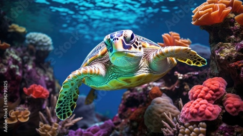 A curious turtle peeking out from behind a cluster of colorful coral
