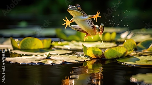 A frog leaping mid-air across vibrant lily pads in a sunlit pond photo