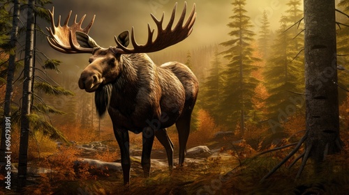 A majestic moose in the heart of a dense Canadian forest photo