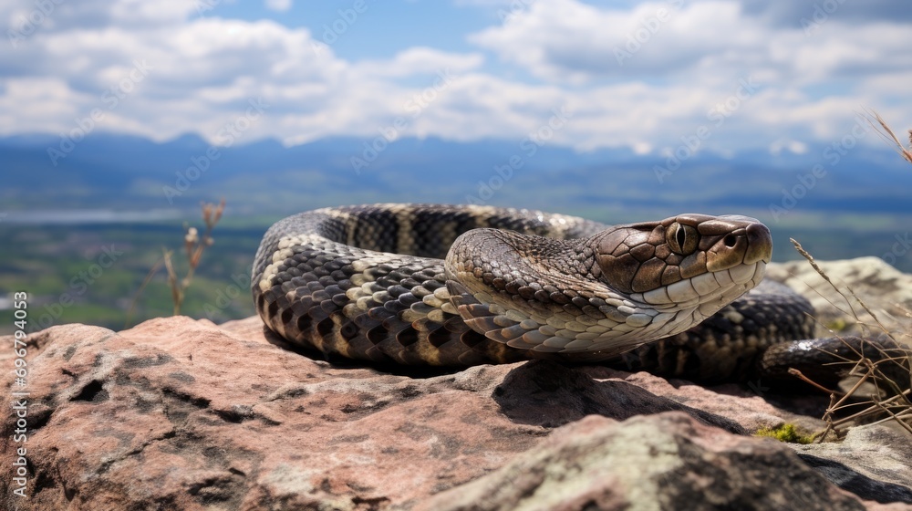 Obraz premium A venomous snake gracefully slithering across a rocky mountain ledge