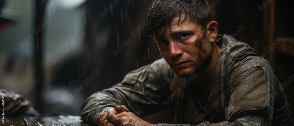 A Military Soldier Mourns His Friend. Illustration On The Theme Of Weapons And Wars, Conflicts And Cinema. Generative AI