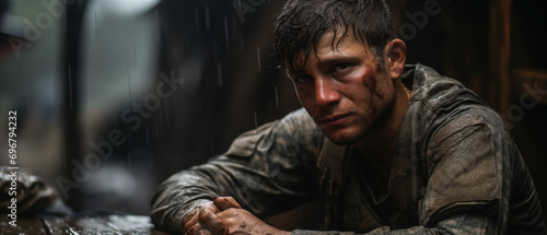 A Military Soldier Mourns His Friend. Illustration On The Theme Of Weapons And Wars  Conflicts And Cinema. Generative AI