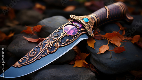 Hunting knife with multicolored glass and metal handle on stone background photo