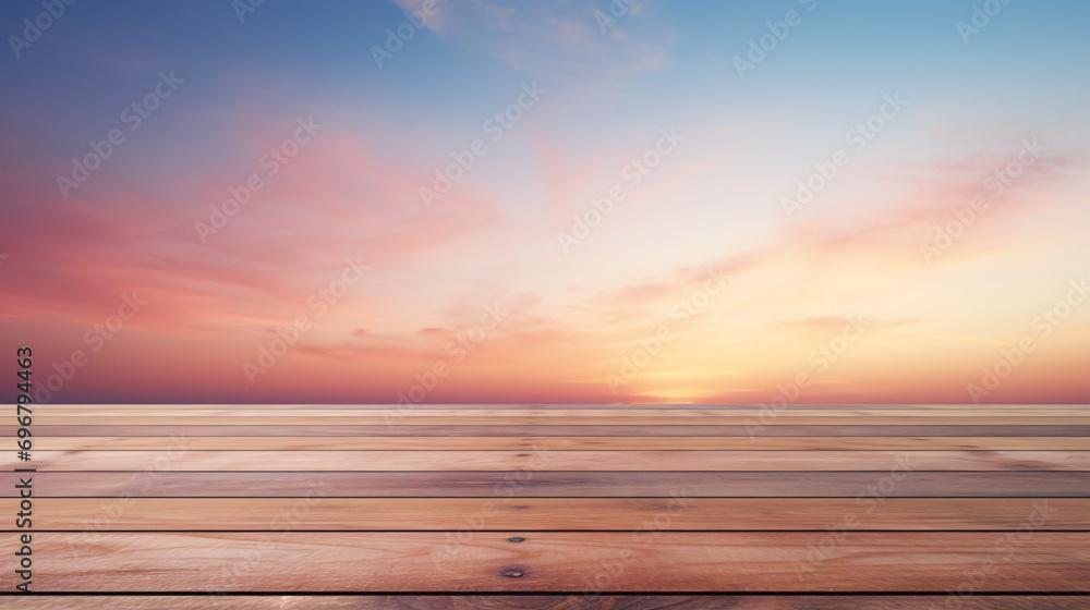 Wood table mockup with sunrise majestic sky background