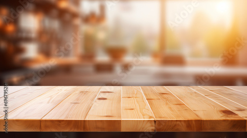 Wooden table on blurred kitchen bench background photo