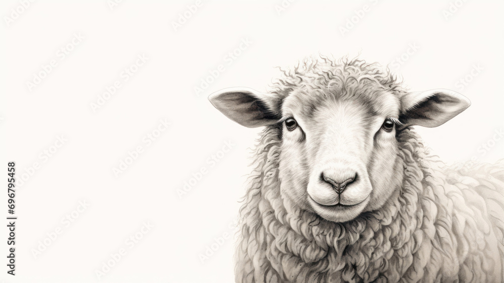 Portrait of a sheep on a white background with space for text