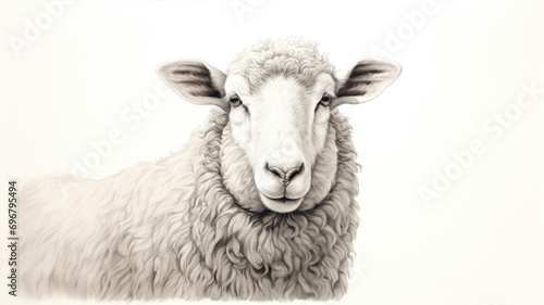 Sheep on white background, black and white image. Digital painting.