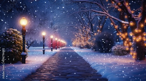 Enchanting Pathway Through Snow-Covered Trees at Night © shelbys
