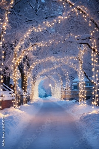 A serene winter night in the park, with a beautiful light display © shelbys