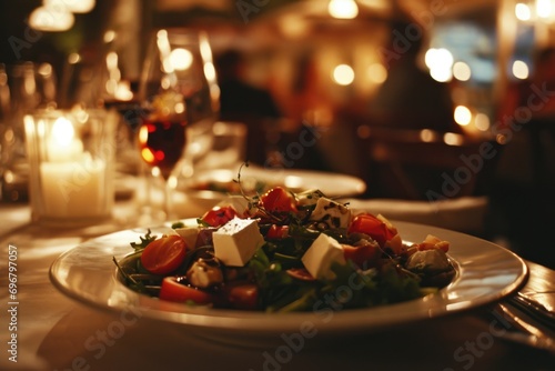 Gourmet Plate of Greek Salad in Elegant, Upscale Restaurant with Fine Dining