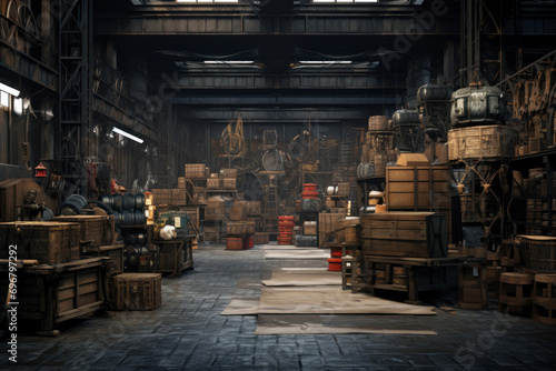 warehouse interior with lots of wooden boxes in warehouse