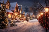 A picturesque winter scene of a small town with Christmas lights adorning the houses