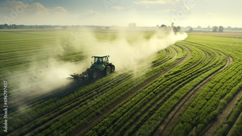 aerial view of a tractor distributing pesticide in a field, a crop farmer in the field with truck photo