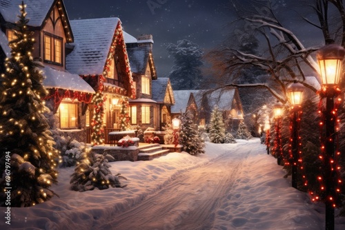 A picturesque winter scene of a small town with Christmas lights adorning the houses