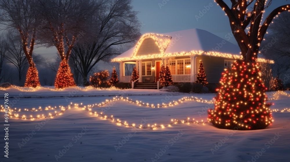 Obraz premium A beautiful home decorated for Christmas with a front yard full of festive lights