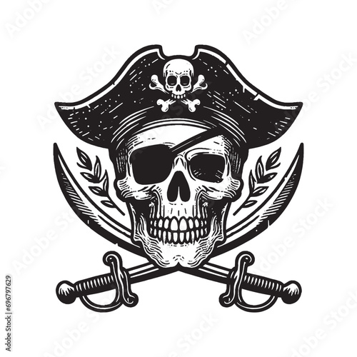 Skull pirate,  cocked hat. Sabers. eye patch. vintage black retro engraving icon, logo