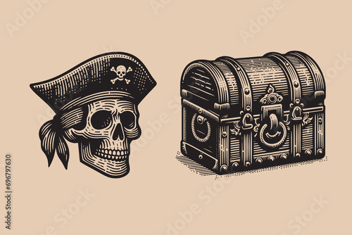 Pirtish skull in a cocked hat and a treasure chest. Vintage engraving, woodcut. Vector set