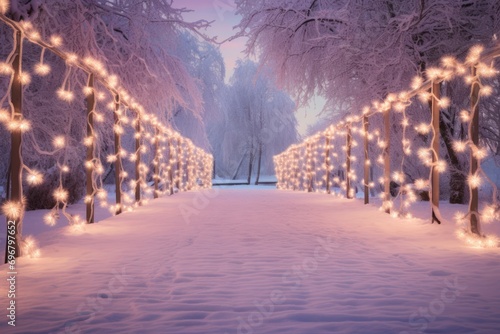 A serene winter nighttime scene featuring a snow-covered path lined with lighted trees. © shelbys