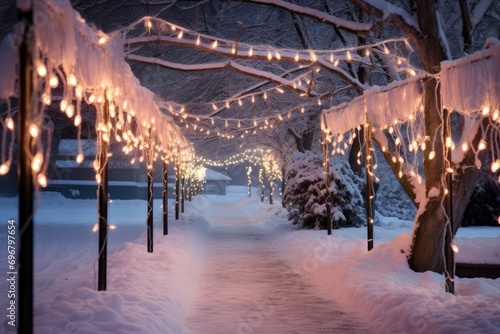 A Winter Nighttime Walkway - String Lights and Snow-Capped Trees