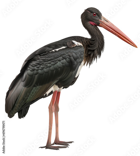 A standing black stork isolated on a white background