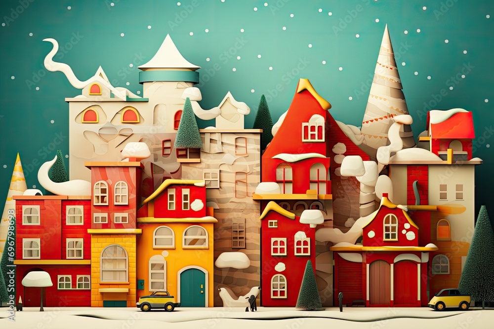 Naklejka premium A snowy town with Christmas decorations and a variety of buildings
