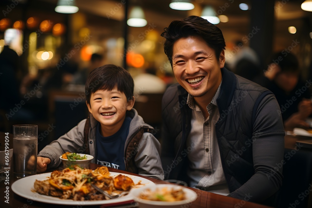 Delighted Chinese family enjoying dinner together. generative Ai