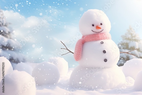 Adorable snowman in the snow with a scarf
