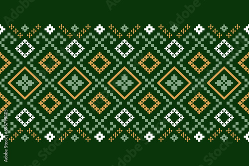 Green Cross stitch colorful geometric traditional ethnic pattern Ikat seamless pattern border abstract design for fabric print cloth dress carpet curtains and sarong Aztec African Indian Indonesian