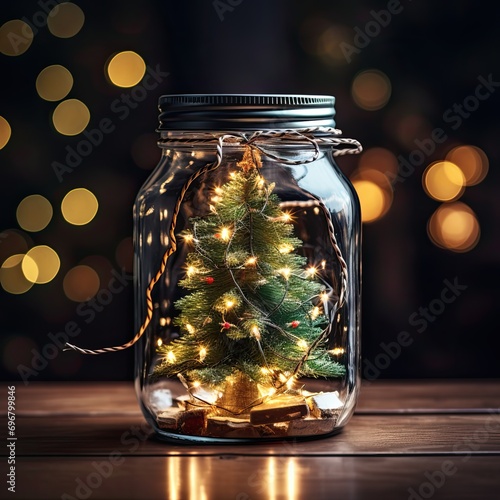 A charming mini Christmas tree in a jar filled with lights and coins