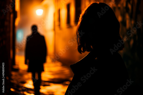 Tense scene of a woman being followed by a man in a dark alley at night. Concept of crime and assault against women. 