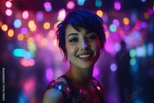 Portrait of young beautiful asian woman dancing in night club.