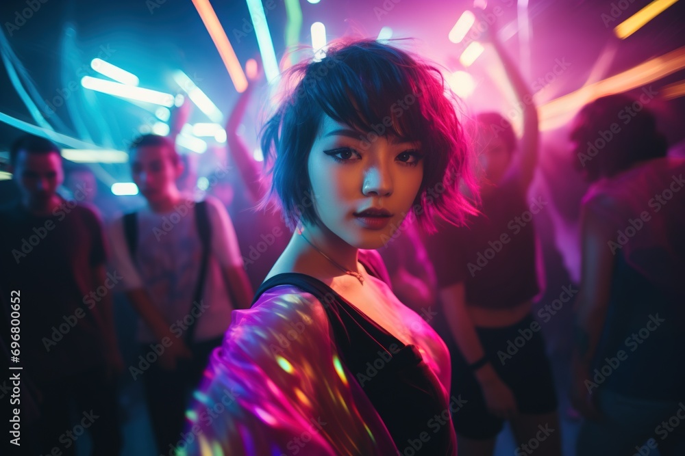 Portrait of young beautiful asian woman dancing in night club. Portrait of young beautiful asian woman dancing in night club.