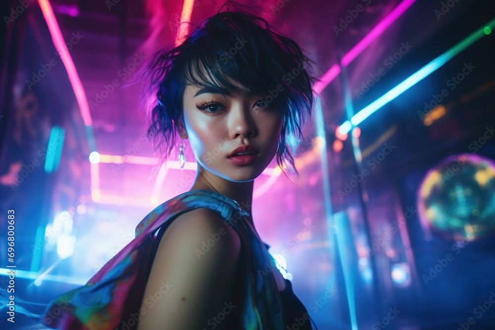 Portrait of young beautiful asian woman dancing in night club. Portrait of young beautiful asian woman dancing in night club.