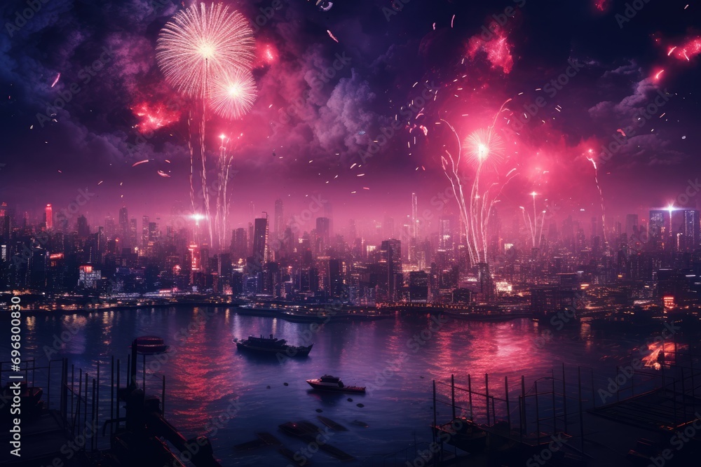 Bursting Fireworks over a major city skyline