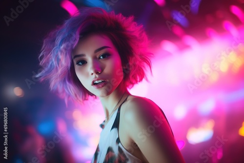 Portrait of young beautiful asian woman dancing in night club.