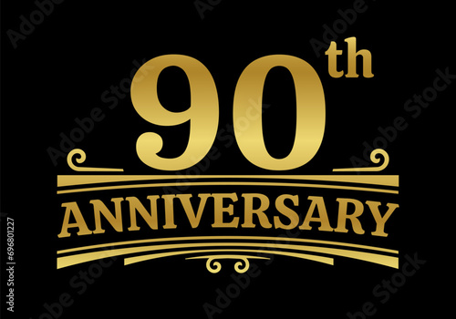 90 years anniversary logo, icon or badge. 90th birthday, jubilee celebration, wedding, invitation card design element. Vector illustration.